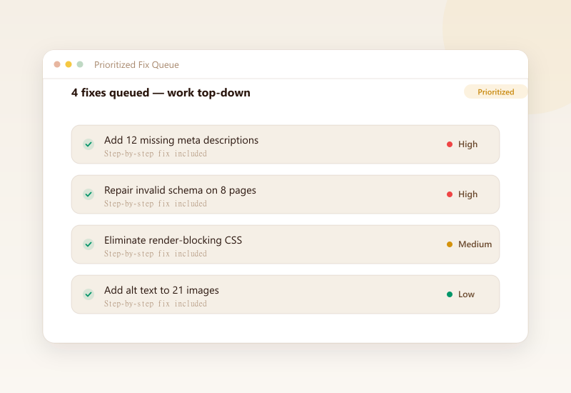 VisBoost guided fix queue showing prioritized technical SEO issues